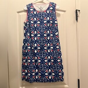 Woman’s Blue & White Patterned Sleeveless Dress with Red Accents